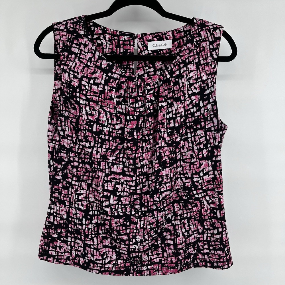 Calvin Klein Women's Top Black Pink Print Pleat Neck Sleeveless Jersey Size XLP
